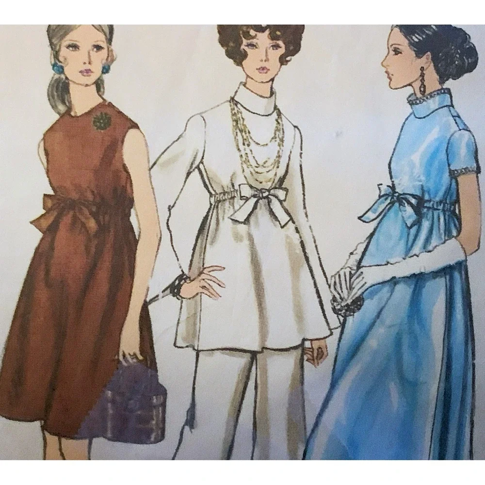 Vogue Pattern 60s Retro Empire Adj Dress Gown Wide Flared Pant EZ Maternity 34